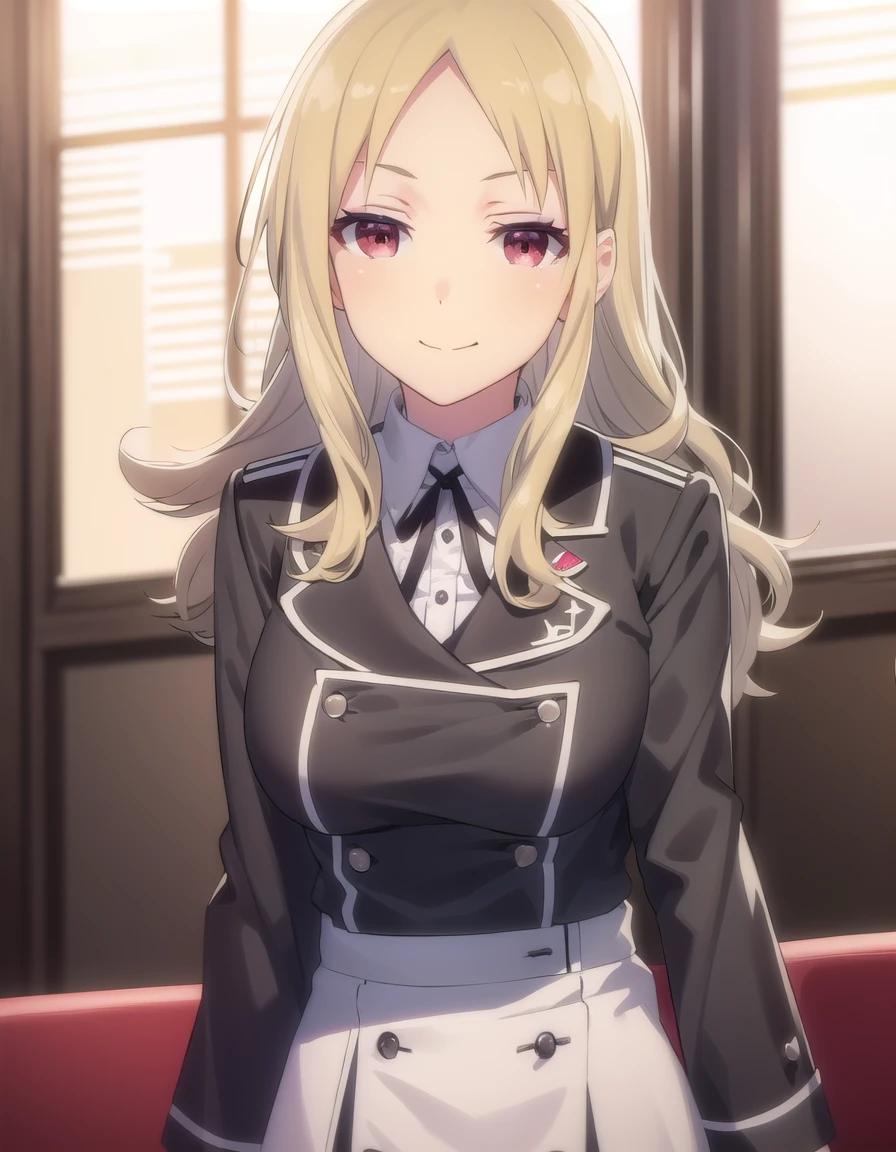 skshiki, <lora:sk shiki s1-lora-nochekaiser:1>,
shiki, long hair, bangs, blonde hair, hair ornament, (red eyes:1.3), sidelocks, hairclip, mole, (parted bangs:1.5), makeup, mole under mouth, eyeshadow,
BREAK shirt, long sleeves, ribbon, school uniform, jacket, white shirt, black ribbon, neck ribbon, buttons, grey jacket,
BREAK indoors, classroom,
BREAK looking at viewer, (cowboy shot:1.5), smile,
BREAK <lyco:GoodHands-beta2:1>, (masterpiece:1.2), best quality, high resolution, unity 8k wallpaper, (illustration:0.8), (beautiful detailed eyes:1.6), extremely detailed face, perfect lighting, extremely detailed CG, (perfect hands, perfect anatomy),