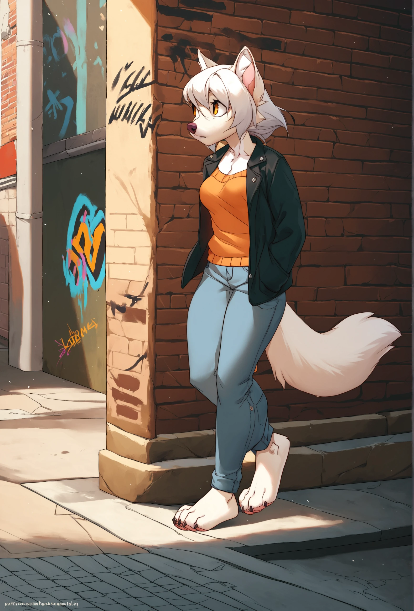 score_9, score_8_up, score_7_up, score_6_up, score_5_up, score_4_up, outdoors, urban, sidewalk, brick wall, graffiti, wind, dappled sunlight, source_furry, nature BREAK
<lora:iskra_style_ponyXL_v1:1> iskrastyle, 1girl, solo, wolf girl, furry, amber eyes, white fur, white skin, white hair, medium breasts, medium hair, orange sweater, black jacket, open jacket, jeans, barefoot, walking, looking to the side, animal feet