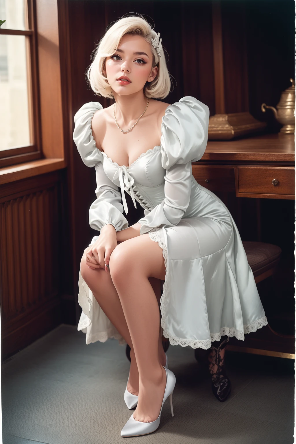 analog film photo  solo, adult beautiful woman, high quality, best quality, highres, high detail chignon hair, hair ornament ((white hair)) hair, eyeliner, eyeshadow, makeup, iridescent lips <lora:LFMD-46:0.7> ,((shiny satin)) mini dress, necklace, laces, puffy long sleeves, lace trim, corset, ribbons, full body, high heels . faded film, desaturated, 35mm photo, grainy, vignette, vintage, Kodachrome, Lomography, stained, highly detailed, found footage