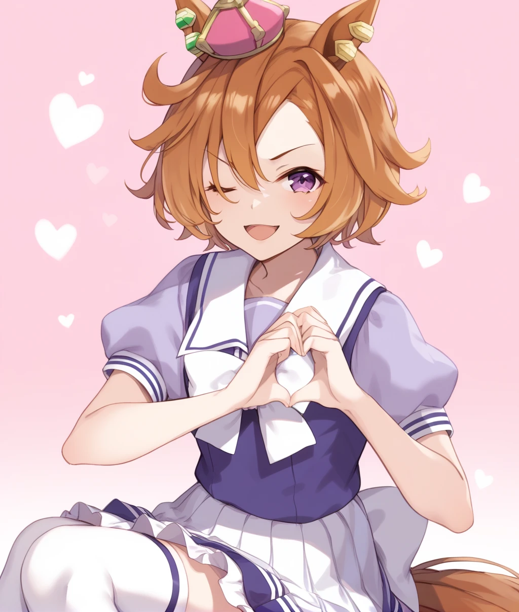score_9, score_8_up, score_7_up, 2D, anime BREAK
tracen_uniform, 1girl, solo, looking at viewer, smile, short hair, open mouth, bangs, skirt, simple background, shirt, thighhighs,  bow, animal ears, school uniform, purple eyes, tail, short sleeves, heart, pleated skirt, one eye closed, puffy sleeves, bowtie, sailor collar, orange hair, white thighhighs, puffy short sleeves, v-shaped eyebrows, piercing, white skirt, ;d, horse ears, crown, horse girl, ear piercing, horse tail, purple shirt, mini crown, heart hands, 
<lora:T.M.OperaO-ponyXL:1>,