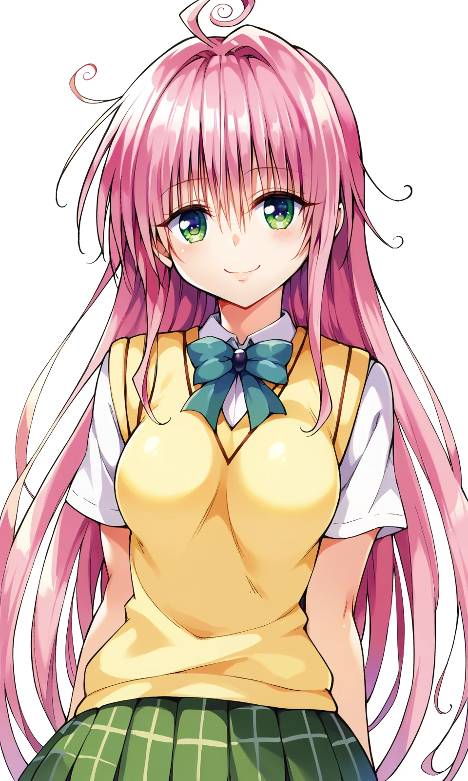 YabukiKentarou, to love-ru, ore_9, score_8_up, score_7_up BREAK 
lala satalin deviluke, green eyes, pink hair, long hair, ahoge, (medium breasts:1.2),  school uniform, skirt, sweater vest, looking at viewer, light smile, portrait, 
 <lora:YabukiKentarou_Pony:1>