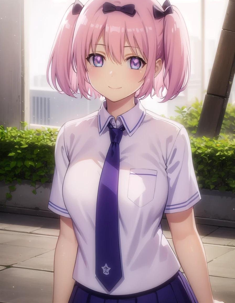 skhibari, <lora:sk hibari s1-lora-nochekaiser:1>,
hibari, short hair, bow, twintails, pink hair, hair bow, symbol-shaped pupils, short twintails, blue eyes,
BREAK skirt, bow, school uniform, necktie, purple skirt,
BREAK outdoors, classroom,
BREAK looking at viewer, (cowboy shot:1.5), smile,
BREAK <lyco:GoodHands-beta2:1>, (masterpiece:1.2), best quality, high resolution, unity 8k wallpaper, (illustration:0.8), (beautiful detailed eyes:1.6), extremely detailed face, perfect lighting, extremely detailed CG, (perfect hands, perfect anatomy),