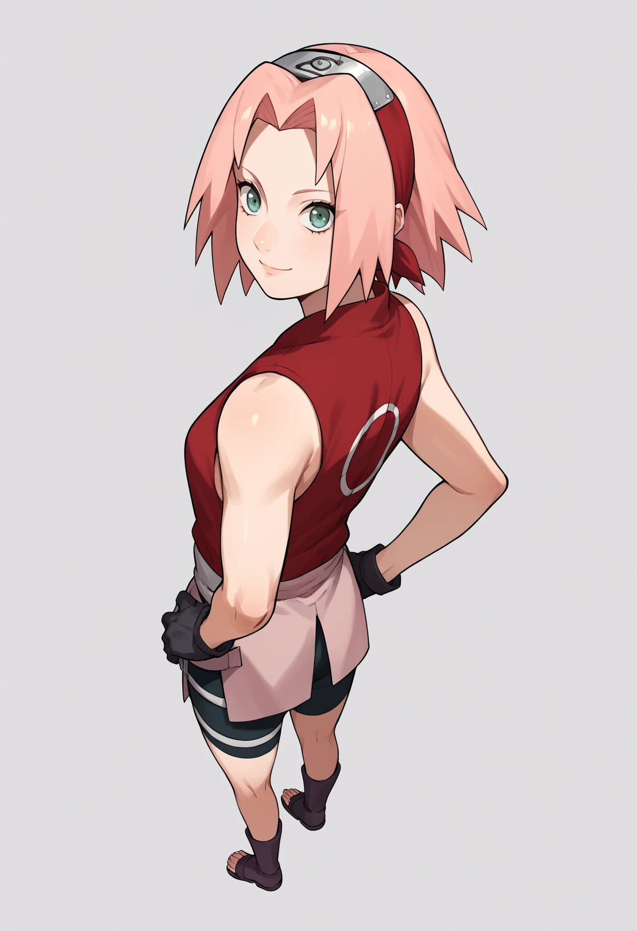 ((best quality)), ((masterpiece)), (detailed), perfect face, Perfect body, perfect anatomy, 1 girl, sakura haruno, pink hair, green eyes, topless, bare chested, tight shorts, sakura ass, sexy pose, bottom, full body, realistic, high detail, high quality image, 8k