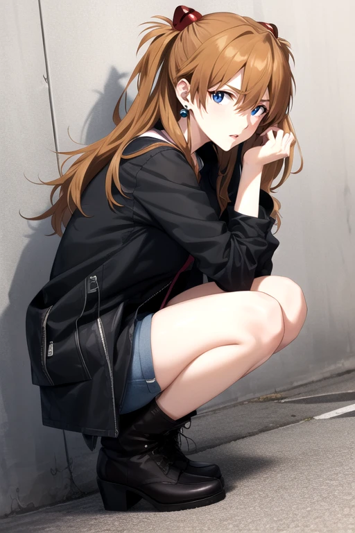 souryuu asuka langley, solo, (masterpiece, best quality),<lora:souryuu asuka langley:1>,dutch angle,denim shorts, black coat, t-shirt, squatting, street, shop, people, from above, looking at viewer, headphones around neck, from side, parted lips, mature female, large breasts, shoulder bag, against wall, black nails, boots, troubled eyebrows, disdain,earrings, lipstick,