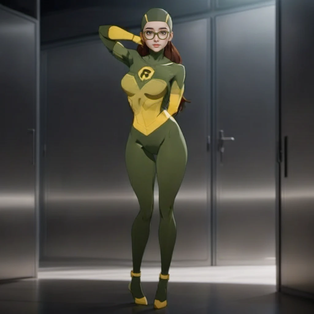 cinematic photo a realistic photo of a miniature woman with glasses in a green and yellow outfit in a giant kitchen <lora:ShrinkingRae1024:0.9> . 35mm photograph, film, bokeh, professional, 4k, highly detailed