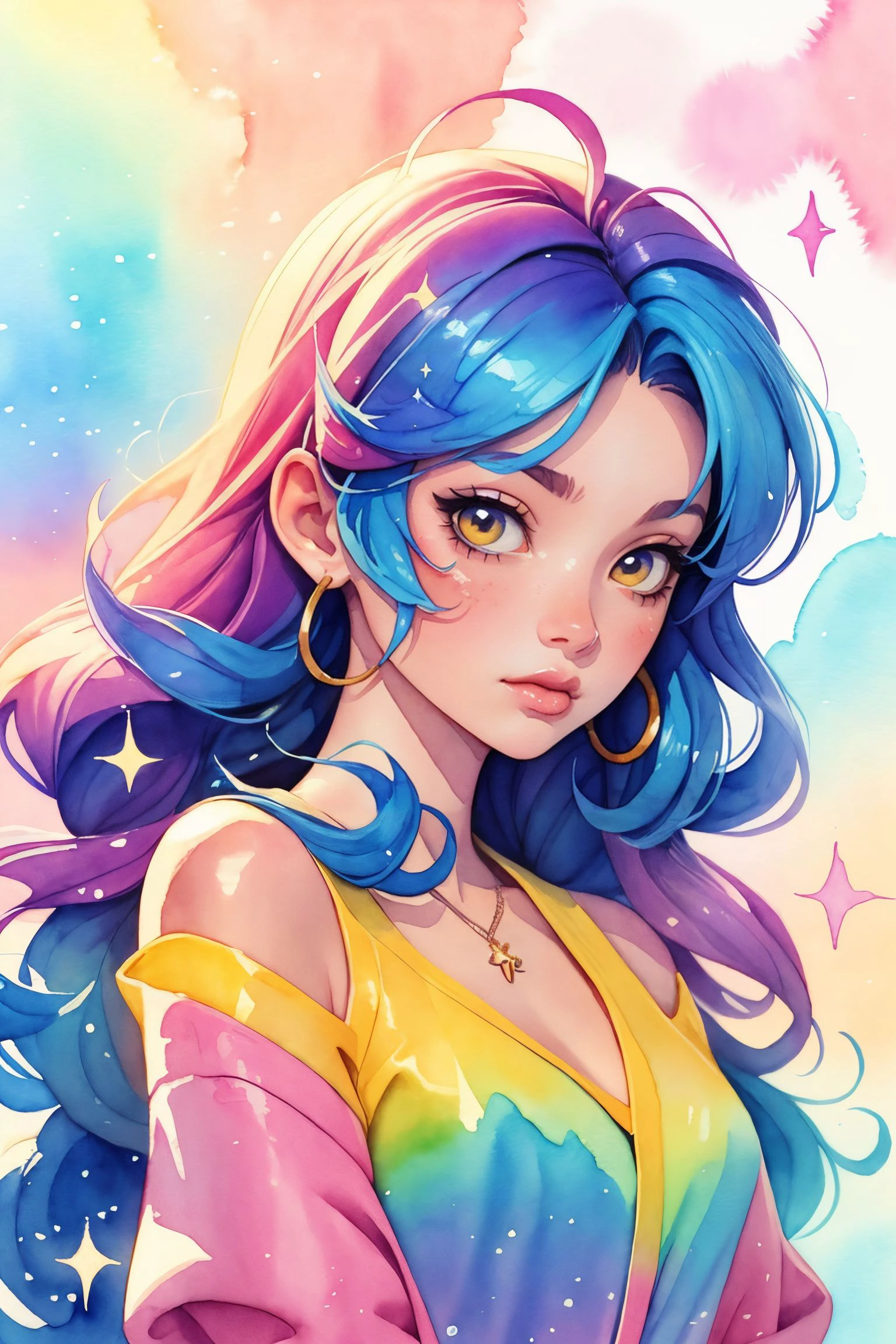 1 girl, solo,  ((watercolor texture)), rainbow colorful hair, soft color, illustration anime, waved long hair, bubbles, glitter