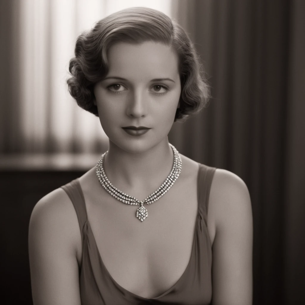 full body portrait of Maude (styled as a 1920's flapper, headband, pearl necklace:1.4), (naked, short brunette hair, pale skin, skinny, small breasts:1.7), (background inside a dark and busy, old, dusty speak-easy, prohibition-bar:1.6) (studio lighting, volumetric shadows, chiaroscuro:1.3), (photographed with a Leica 35mm camera:1.2)