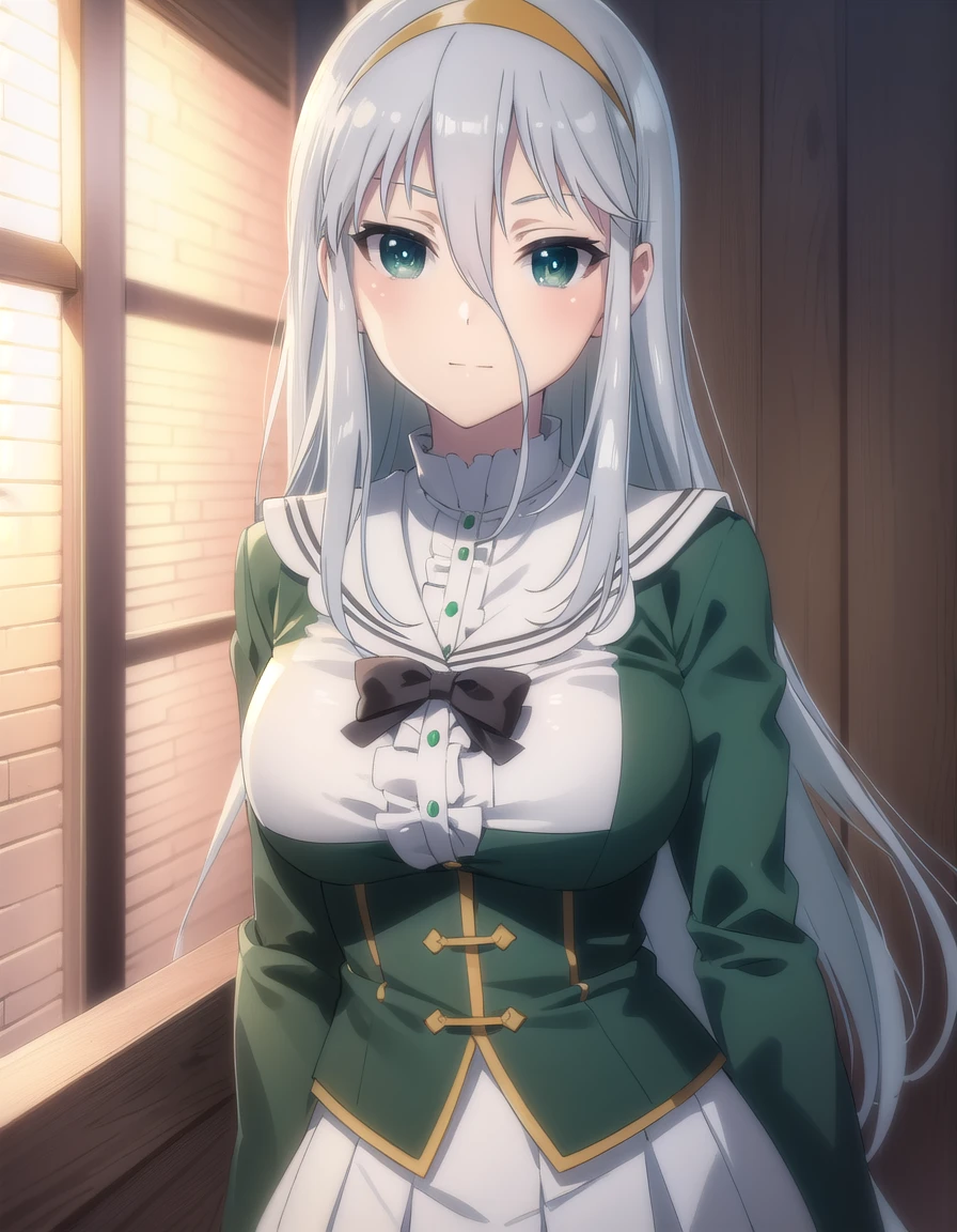 gekkosenko, <lora:sk gekko senko s1-lora-nochekaiser:1>,
gekko, long hair, hair between eyes, (green eyes:1.3), grey hair, hairband, yellow hairband, smile,
BREAK bow, school uniform, serafuku, long sleeves, puffy sleeves, grey serafuku,
BREAK indoors, classroom,
BREAK looking at viewer, (cowboy shot:1.5),
BREAK <lyco:GoodHands-beta2:1>, (masterpiece:1.2), best quality, high resolution, unity 8k wallpaper, (illustration:0.8), (beautiful detailed eyes:1.6), extremely detailed face, perfect lighting, extremely detailed CG, (perfect hands, perfect anatomy),