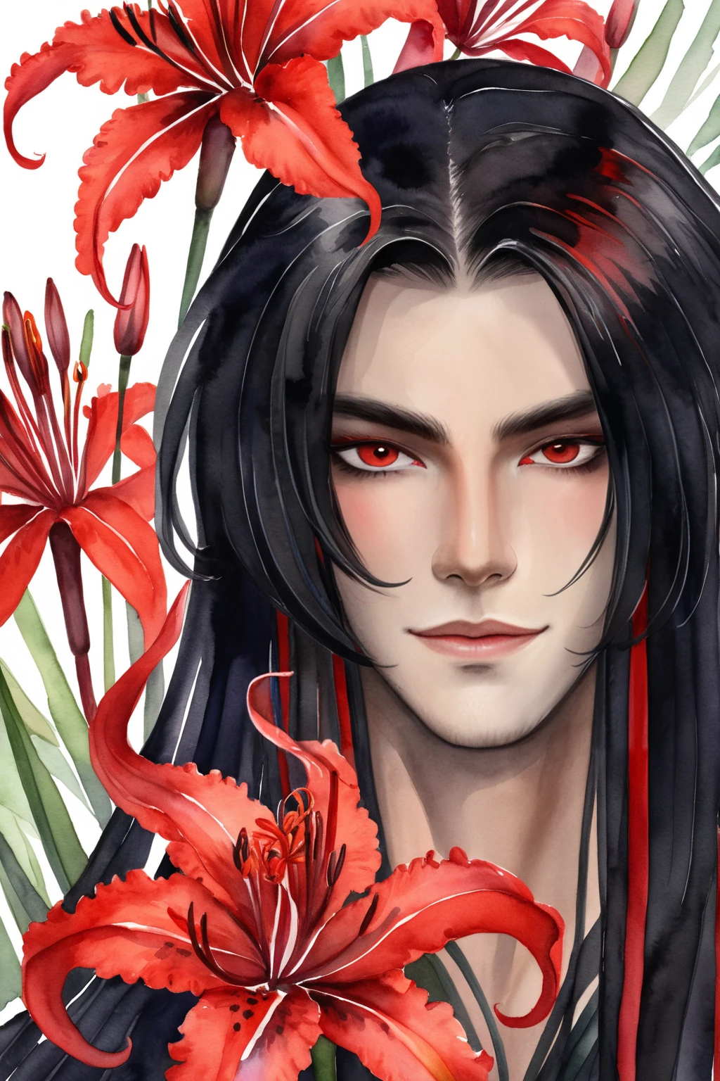 Watercolor painting male, black long hair, multicolored hair, red eyes, portrait, watercolor style, lycoris flowers <lora:livayXL:0.8> livay . Vibrant, beautiful, painterly, detailed, textural, artistic