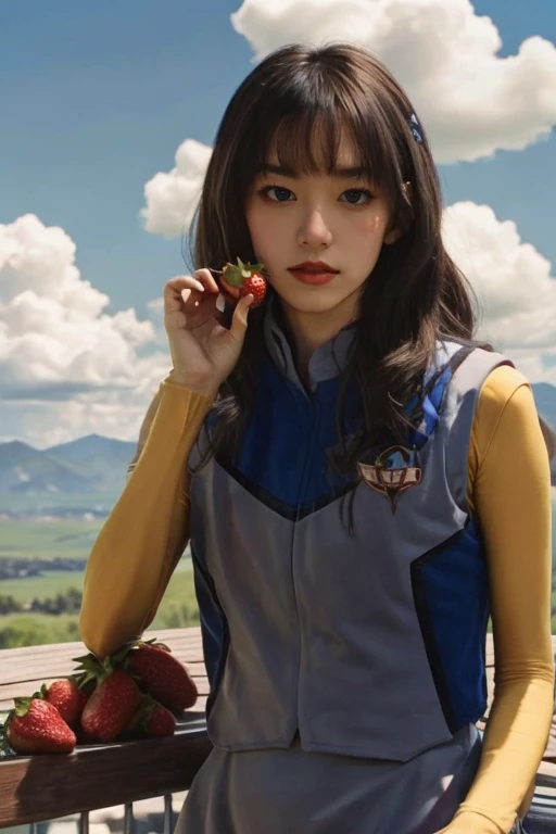 1girl,long hair,bangs,(red lips:0.7),one hand on chin and holding a strawberry,xig dress,grey vest,yellow sleeves,looking at viewer,upper body,photography,blue sky,cloud,masterpiece,best quality,<lora:XIG_Female_Uniform:0.9>,<lora:Chengxiao:0.6>,