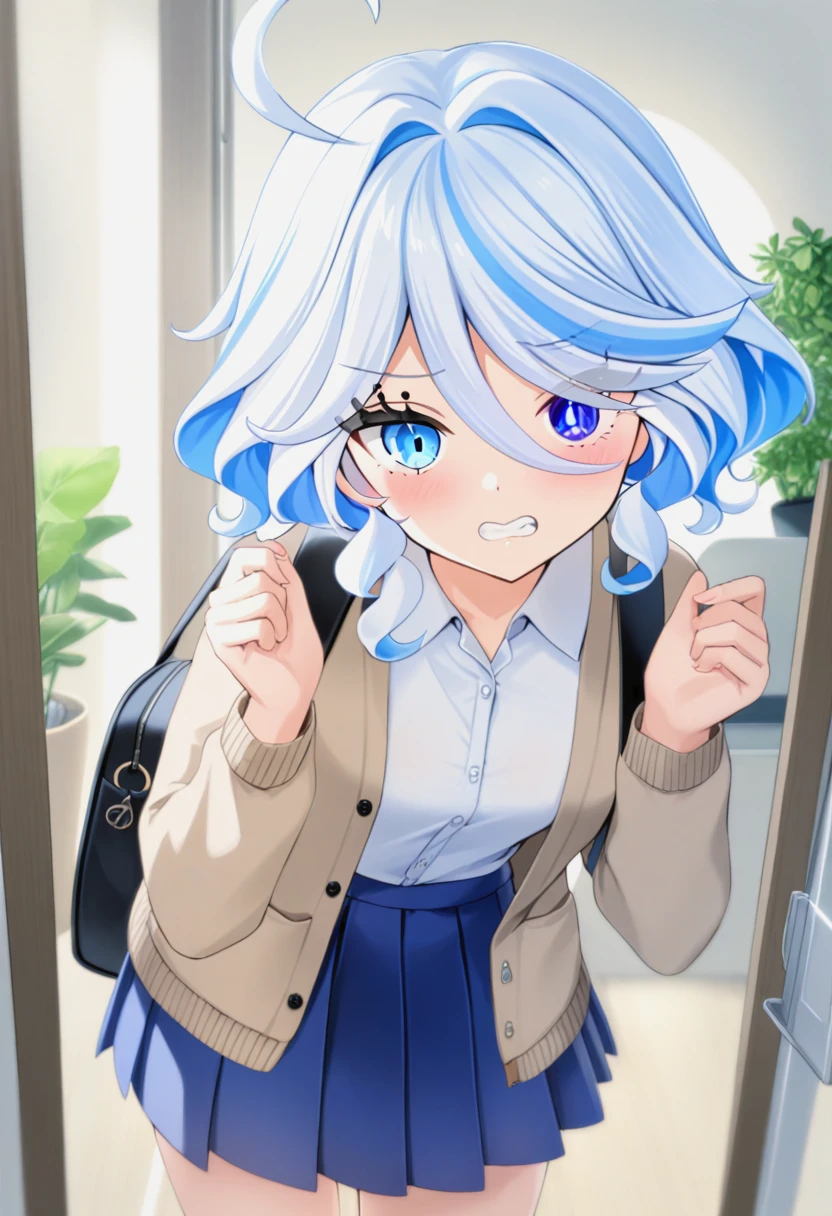 1girl,furina,alternate_costume,bag,bento,blue_eyes,blue_hair,blue_skirt,brown_cardigan,cardigan,clenched_teeth,collared_shirt,contemporary,cowlick,cup,disposable_cup,door,drop-shaped_pupils,flower,furoshiki,hair_between_eyes,hands_up,heterochromia,holding,holding_cup,leaning_forward,light_blue_hair,long_hair,looking_at_viewer,open_mouth,pink_flower,plant,<lora:furina (genshin impact) xl:1>,pleated_skirt,potted_plant,pov_doorway,purple_flower,shirt,shoulder_bag,skirt,solo,symbol-shaped_pupils,teeth,wavy_hair,white_shirt,