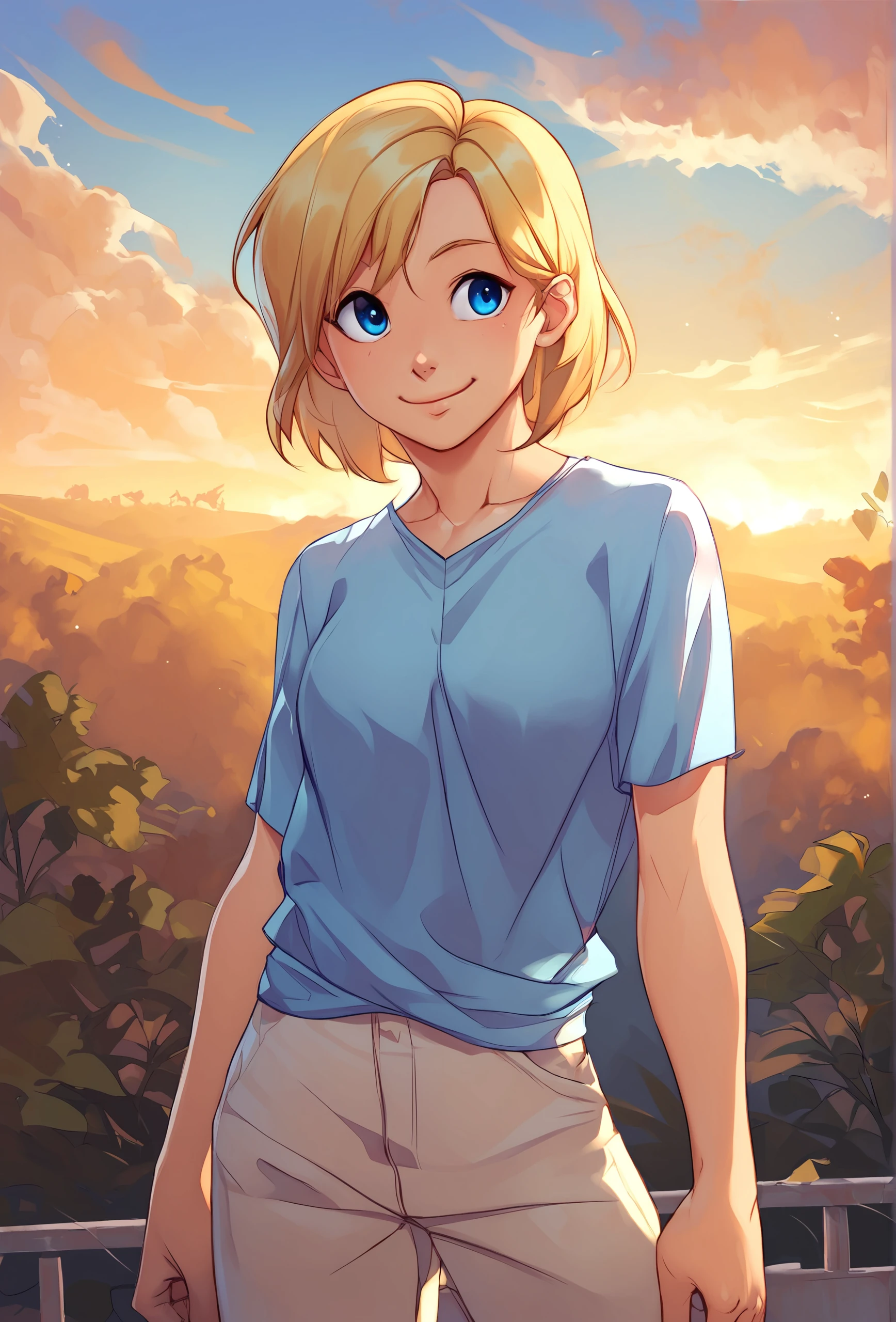 score_9, score_8_up, score_7_up, score_6_up, score_5_up, score_4_up, outdoors, cloud, sunset BREAK
<lora:iskra_style_ponyXL_v1:1> iskrastyle, 1girl, solo, human, blonde hair, blue eyes, smile, medium hair, cowboy shot