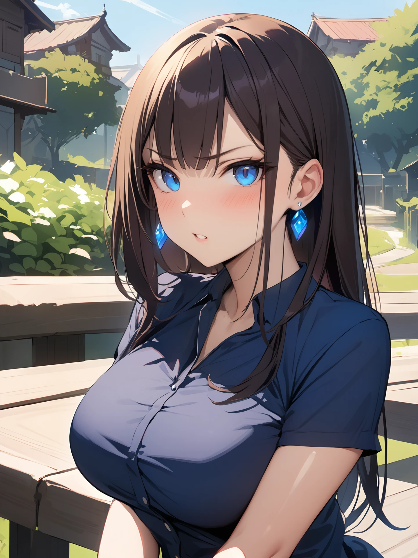 (best quality:1.2), (masterpiece:1.2), (absurdres:1.2), (detailed background), looking at viewer, (shiny skin), upper body,
outdoors, day with sunlight,
(blue eyes), sitting, legwear,
long hair, sleek, bangs, (calm hair),
large breasts, angry face,
earrings,