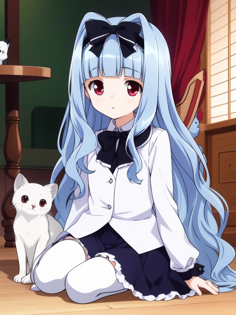 <lora:amatsuka_watayuki:0.8>, watayuki, 1girl, solo, long hair, blue hair, bow, hair bow, cat, sitting, thighhighs, long sleeves, red eyes, blunt bangs, purple eyes, bangs, white thighhighs,
masterpiece, high quality, very_high_resolution, large_filesize, full color,