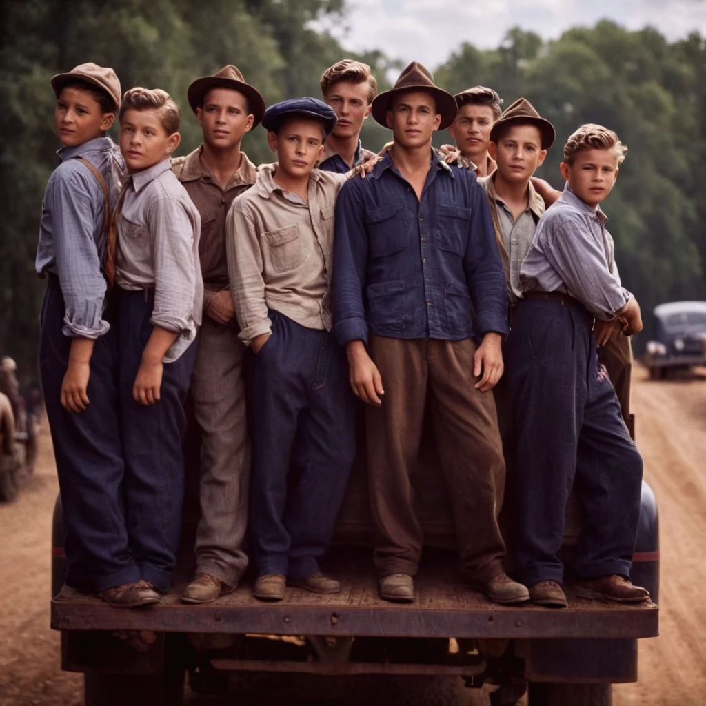 cinematic film still of <lora:1940's style:1>
In the 1940's a group of men standing on the back of a truck,shirt,hat,multiple boys,signature,ground vehicle,6+boys ,realistic,realism,perfection,perfect,filmic,retro,vintage,classic,different haircut,different look,different style,1940's style , 1940 style, shallow depth of field, vignette, highly detailed, high budget, bokeh, cinemascope, moody, epic, gorgeous, film grain, grainy
