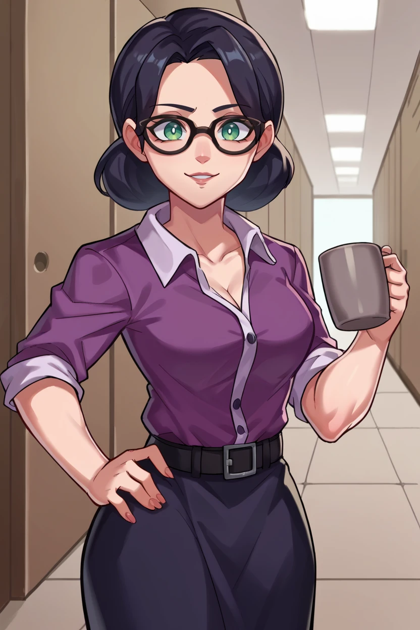 score_9, score_8_up, score_7_up, score_6_up, source_anime, BREAK 1girl,  <lora:mspauling-pdxl-nvwls-v1-000008:1> mspauling, black hair, glasses, purple shirt, buttoned shirt, short sleeves, belt, black skirt, pantyhose, looking at you, upper body, hallway, looking at you, light smile, holding mug of coffee, hand on hip, medium breasts