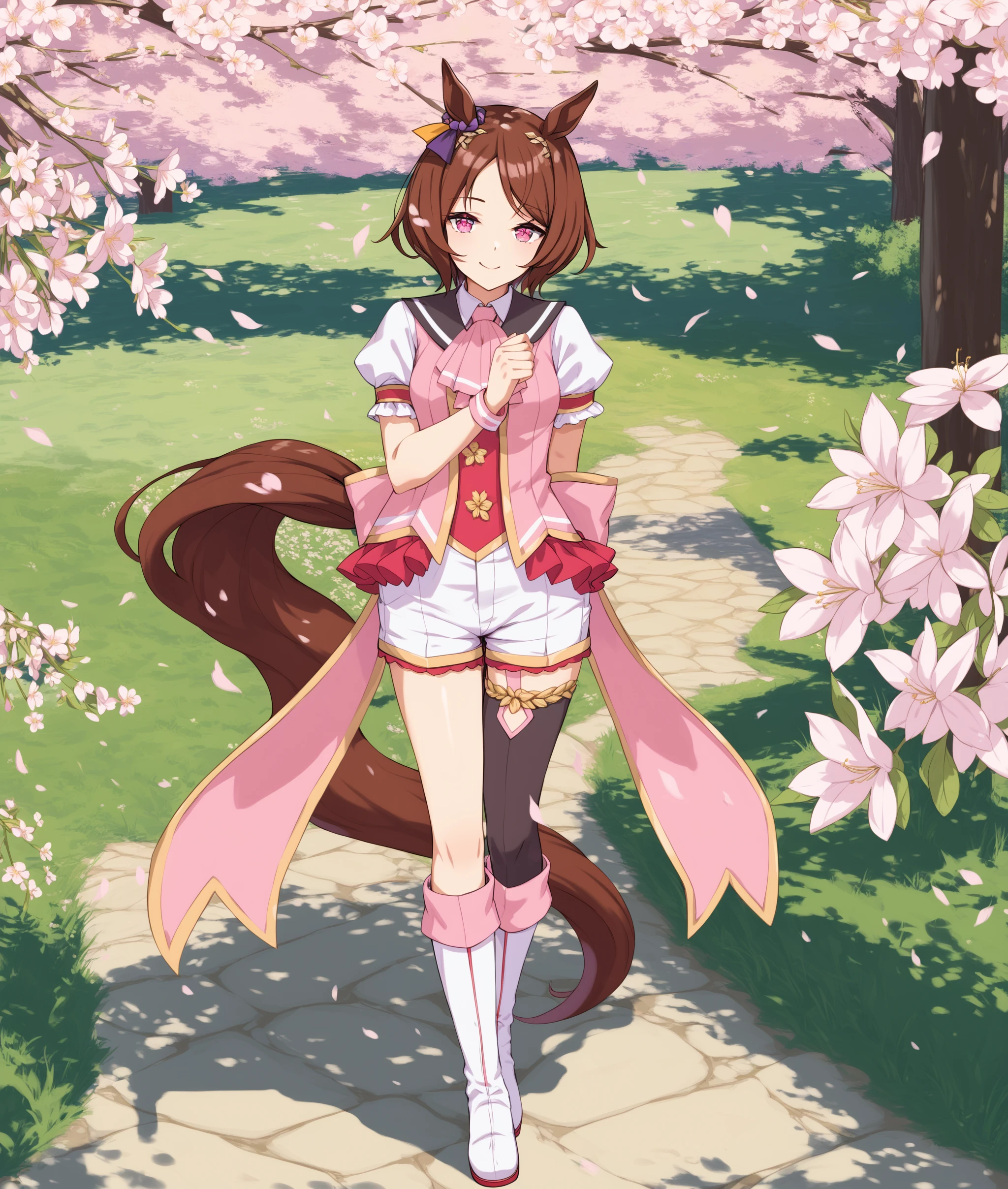 score_9, score_8_up, score_7_up BREAK
grassland, spring, cherry blossoms,
shobofuku, 1girl, solo, looking at viewer, smile, short hair, brown hair, thighhighs, standing, tail, full body, short sleeves, boots, shorts, white footwear, horse ears, horse girl, horse tail, asymmetrical footwear, mismatched footwear, <lora:sakura_laurel-ponyXL:0.8>,
five fingers,