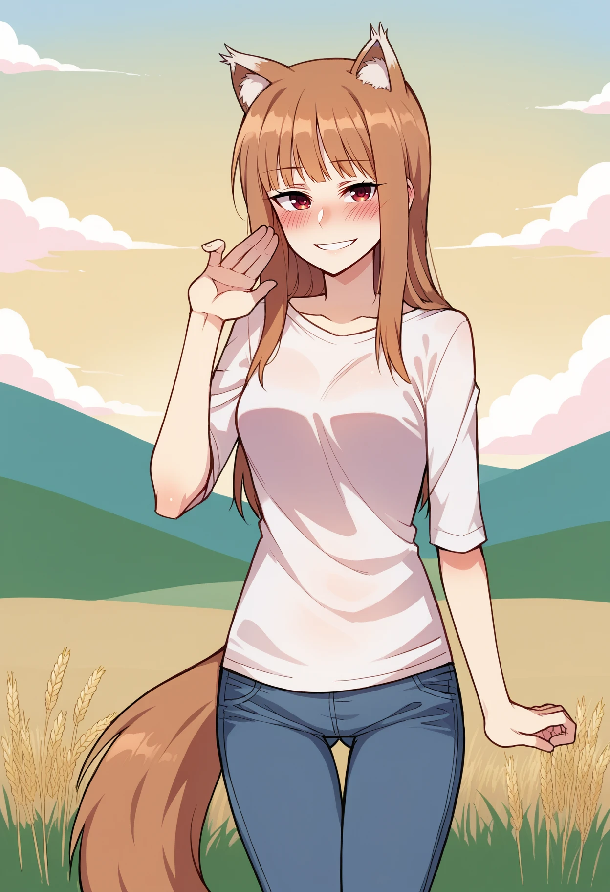score_9, best quality, masterpiece, uncensored, source_anime
BREAK
1girl, solo, holo \(spice and wolf\), cowboy shot, pants, shirt, wheat field, detailed background, blush, wolf tail, smile, evening
<lora:ratatatat74_pony_v2:1>