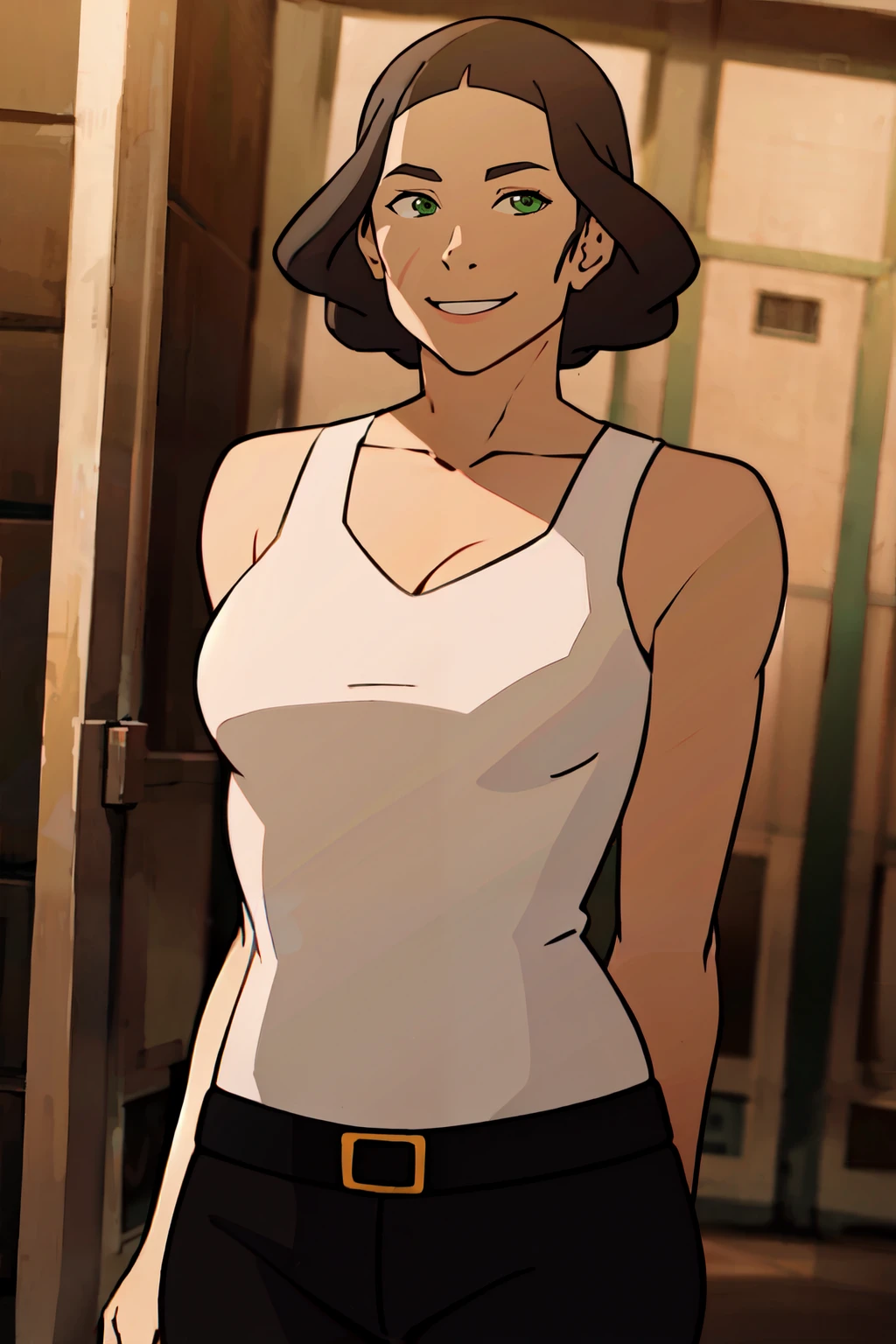 ((masterpiece,best quality)), absurdres, <lora:Lin_Bei_Fong_v2:0.8>, Lin_Bei_Fong, 1girl, solo, short_hair, black_hair, green_eyes, scar, collarbone, white_shirt, solo, smiling, looking at viewer, hands behind back, black pants, cleavage,
