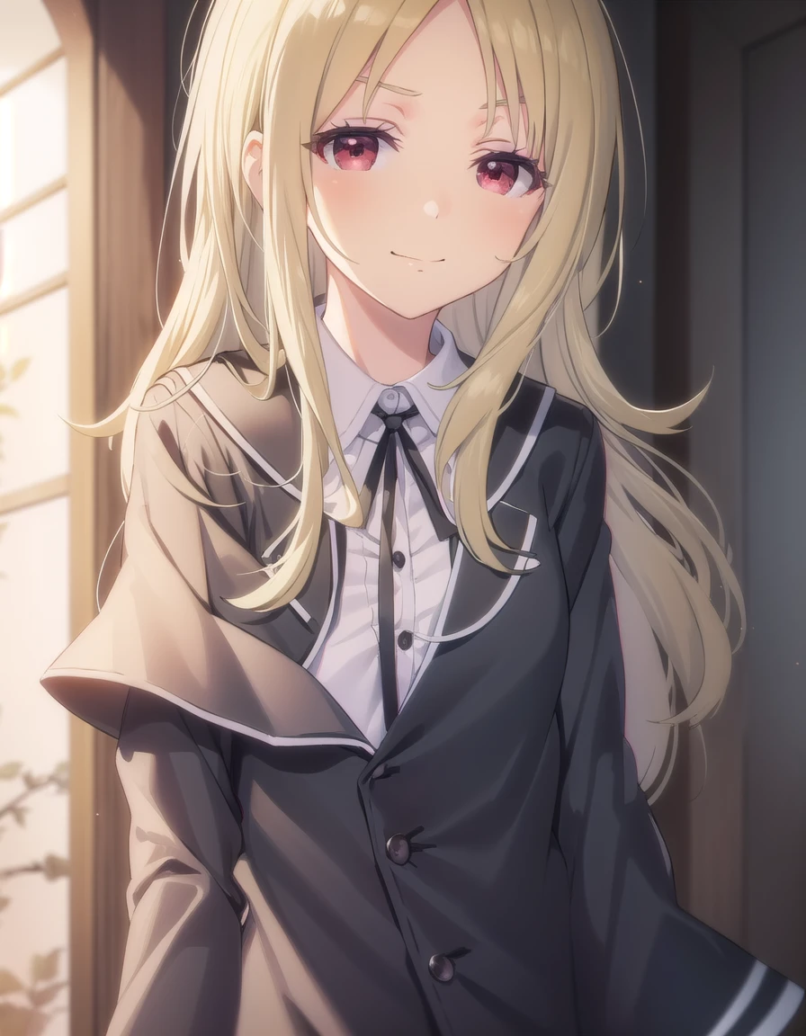 skshiki, <lora:sk shiki s1-lora-nochekaiser:1>,
shiki, long hair, bangs, blonde hair, hair ornament, (red eyes:1.3), sidelocks, hairclip, mole, (parted bangs:1.5), makeup, mole under mouth, eyeshadow,
BREAK shirt, long sleeves, ribbon, school uniform, jacket, white shirt, black ribbon, neck ribbon, buttons, grey jacket,
BREAK indoors, classroom,
BREAK looking at viewer, (cowboy shot:1.5), smile,
BREAK <lyco:GoodHands-beta2:1>, (masterpiece:1.2), best quality, high resolution, unity 8k wallpaper, (illustration:0.8), (beautiful detailed eyes:1.6), extremely detailed face, perfect lighting, extremely detailed CG, (perfect hands, perfect anatomy),