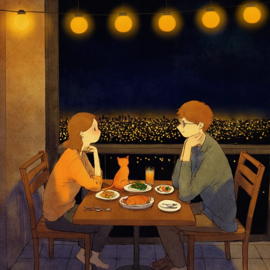 <lora:puuung-000014:0.7>,puuung, romantic ambiance, illustration, two people, dinner, cat, night, outdoor, city lights, relaxed atmosphere, table, chairs, drinks, plate of food, casual attire, textured paper, warm colors, hand-drawn, informal gathering, peaceful, conversation, intimate setting, facing each other, serene, animal presence, male, female, glasses, short hair, long hair, side profile, seated, elbows on table, thoughtful expression, glowing lights background, soft lighting, togetherness, friendship, dining out, orange cat, simplicity, cozy vibe