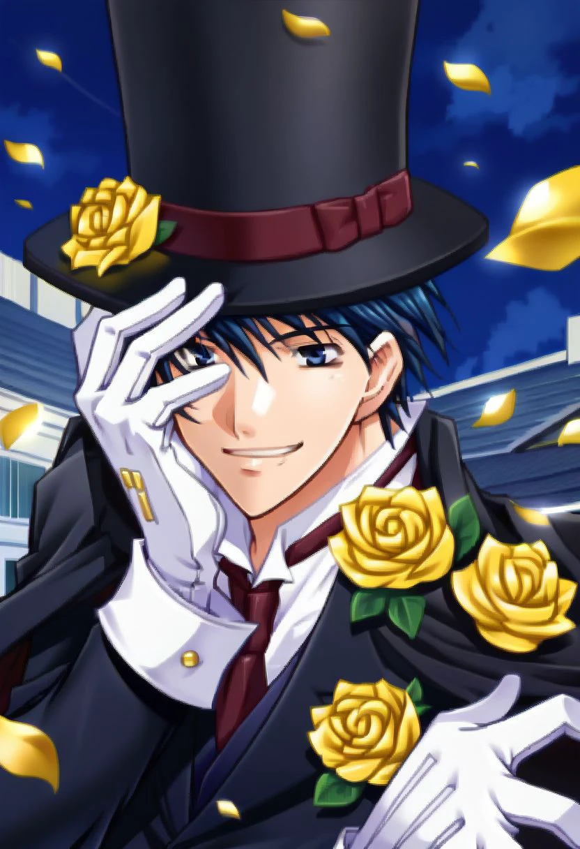 score_9, score_8_up, score_7_up, phantom thief jade, 1boy, solo, blue hair, blue eyes, top hat, monocle, black suit, black cape, red necktie, yellow rose, white gloves, moonlight, roof, looking at viewer, smile