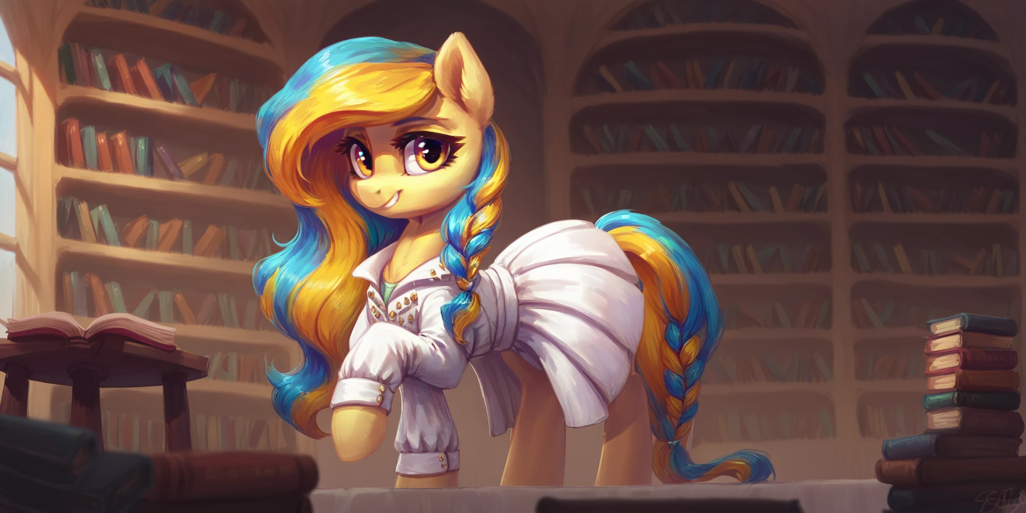 score_9, score_8_up, score_8, score_9, solo, ukrainian pony, blue yellow mane, sexy girl, pony ears, tight white embroidered frock coat, long flowing white skirt, flat chest, pony tail, standing in library reading an open book, serene smile <lora:UkrainianPony:1>