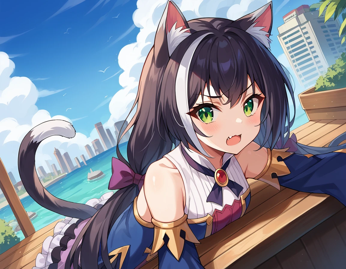 score_9, score_8_up, score_7_up, source_anime,
princessconnectkaryl, <lora:princess-connect-karyl-ponyxl-lora-nochekaiser:1>
karyl, animal ear fluff, animal ears, black hair, black ribbon, cat ears, cat girl, cat tail, fang, green eyes, hair bow, long hair, low twintails, multicolored hair, purple bow, ribbon, skin fang, streaked hair, tail, twintails, vertical stripes, white hair,
arm support, blue sleeves, bow, brooch, detached sleeves, dress, frilled sleeves, frills, multicolored clothes, multicolored dress, neck ribbon, sleeveless, sleeveless dress, striped,
outdoors, cityscape, bent over,
looking at viewer, dutch angle, cowboy shot