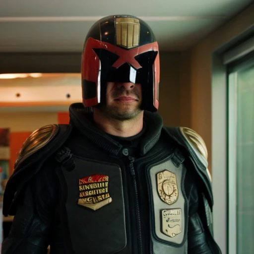 man, helmet, armor, uniform, jdgdrdd, looking at viewer, indoor, bokeh, portrait, film grain,
