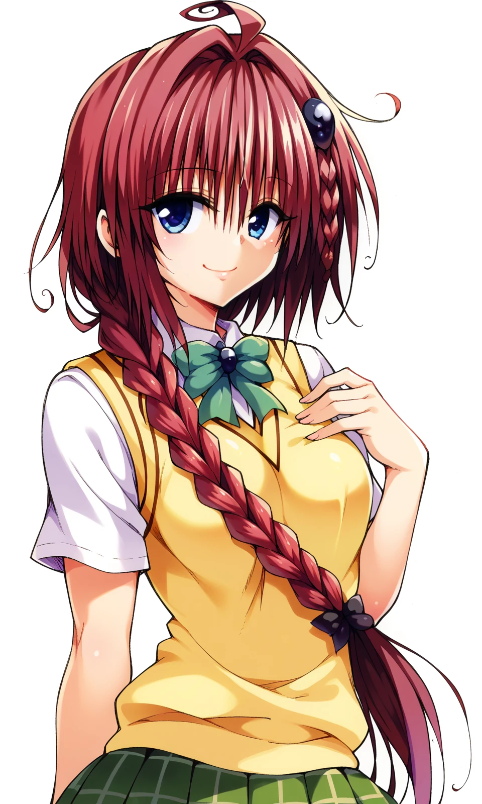 YabukiKentarou, to love-ru, ore_9, score_8_up, score_7_up BREAK
kurosaki mea, blue eyes, red hair, long hair, braid, ahoge, medium breast, school uniform, skirt, sweater vest, looking at viewer, light smile, portrait,
<lora:YabukiKentarou_Pony:1>