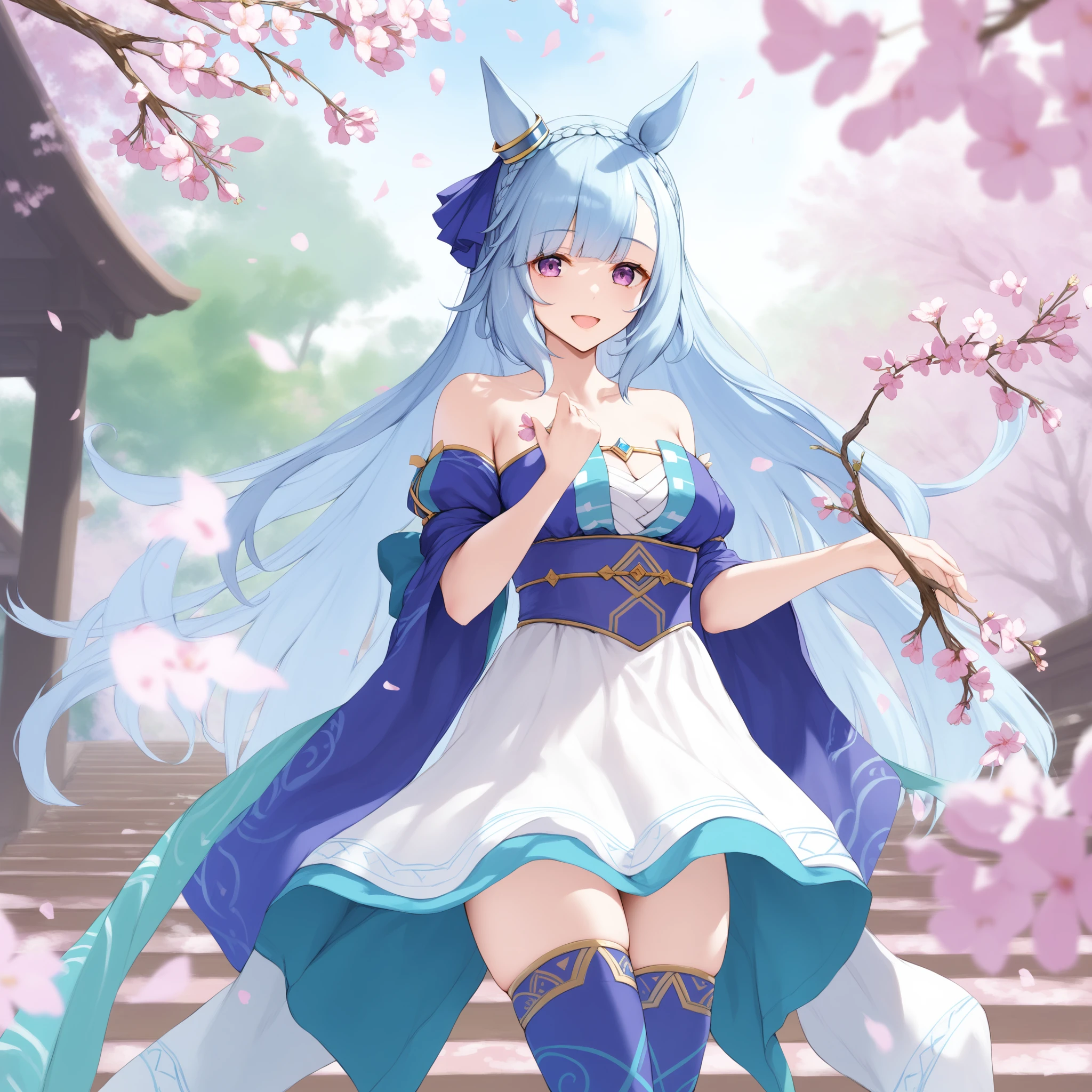 1 girl, solo, Tobiichi fused with Ahri, fox ears, white hair with pink tips, very large breasts, fox tails, blush, surprised look, red loose kimono, purple eyes, heterochromia
