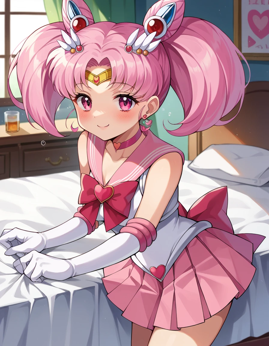 score_9, score_8_up, score_7_up, source_anime,
sailormoonchibi, <lora:sailor-moon-chibi-ponyxl-lora-nochekaiser:1>
sailor moon chibi, cone hair bun, double bun, hair bun, hair ornament, pink eyes, pink hair, short hair, twintails, circlet, parted bangs, smile,
bow, brooch, choker, earrings, elbow gloves, gloves, heart, heart brooch, magical girl, pink bow, pink choker, pink sailor collar, pink skirt, pleated skirt, sailor collar, sailor senshi uniform, skirt, stud earrings, white gloves,
indoors, bed, bed room, on side, blush, drunk,
looking at viewer, dutch angle, cowboy shot