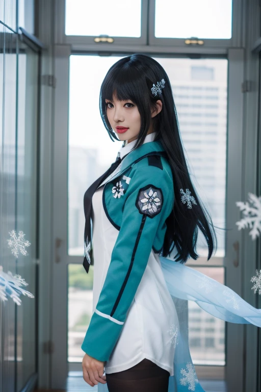 ltra-detailed,highly detailed,best quality,masterpiece,illustration,realistic,photorealistic,
shiba miyuki, 1girl, solo, long hair, school uniform, black hair, pantyhose, snowflakes, dress, lips, hime cut, see-through, bangs, standing, blunt bangs, snowflake print, realistic, black pantyhose, from side, white dress, long sleeves, window, wings, parted lips, black eyes, jacket, blue eyes, necktie,
<lora:shiba miyuki_v1_07:0.9>