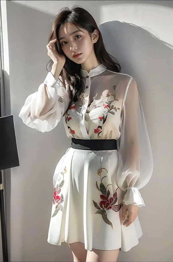 (full_body:1.3),stand,xinzhongshi,transparent shirt,(patterned clothes:1.3),<lora:1.5_perfect hands:0.8>,<lora:chinese-girl:0.7>,<lora:è
¿-000001:0.5>,the perfect hand,<lora:perfect hands:0.8>,arm,v_legs,<lora:xinzhongshi2.1:0.8>,white shirt,medium_skirt,skirt,standing,audience oriented,generous,semi-perspective skirt,a patterned skirt,embroidery,milk white skirt,xinzhongshi2.1,, best quality, masterpiece, (photorealistic:1),ultra high res,highres,, illustration. media, delicate,8k wallpaper,soft light,official art, (realistic:1.2),1girl,