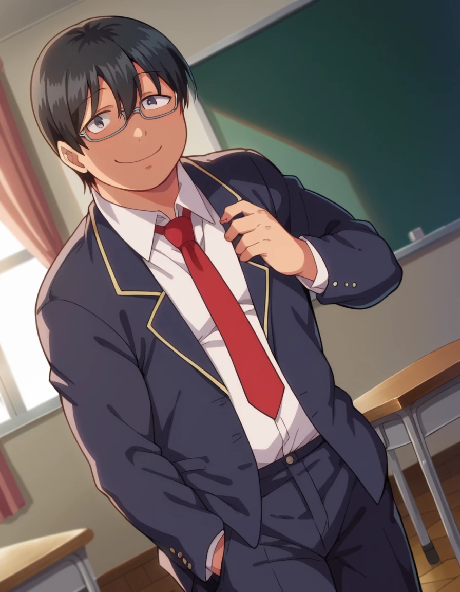 score_9, score_8_up, score_7_up, source_anime,
tazaki, <lora:tazaki-ponyxl-lora-nochekaiser:1>
tazaki, male focus, black hair, black eyes, glasses, hair between eyes, fat, smile,
school uniform, blazer, necktie, shirt, white shirt, collared shirt, pants,
indoors, classroom,
looking at viewer, cowboy shot, dutch angle,