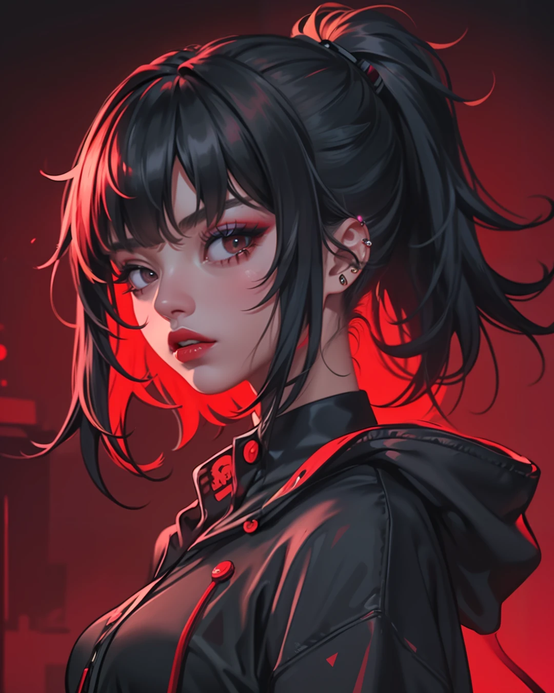 1girl, anger vein, black eyes, black hair, brown eyes, buttons, ear piercing, hoodie, jewelry, lips, lipstick, looking at viewer, multicolored hair, red lips, simple background, solo, ((perfect nose)),
(portrait, upper body, dynamic angle:1.2), (neon lights), (red theme:1.2, dark theme:1.3),
<lora:add_detail:0.5>,
<lora:Urban_Killer_Style:1> (urban_killer_style:1.5)