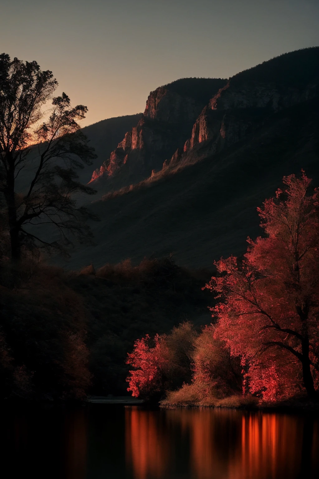 cinematic film still depict a cascaded landscape with low twilight red lights reflected on a beautiful lake surrounded by cascaded mountains. BREAK the tree of life illuminating red colored fumes, grounded in the middle of the lake casting its shadows across the scene.
ultra-realistic, mysterious, mystical, high dynamic range, . shallow depth of field, vignette, highly detailed, high budget, bokeh, cinemascope, moody, epic, gorgeous, film grain, grainy