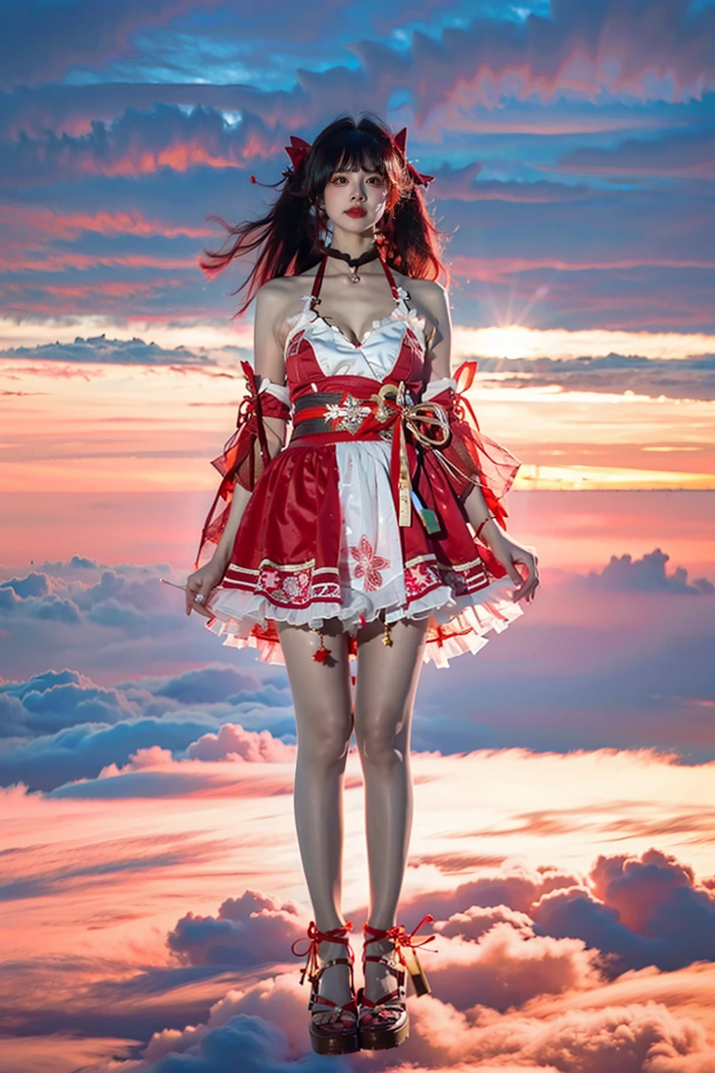 best quality,masterpiece,1girl, above clouds, sky, outdoors, cloud, day, cloudy sky, blue sky, sparkle cosplay, solo, long hair, breasts, looking at viewer, cleavage, standing, full body, japanese clothes,floating<lora:CloudPhotography_v1_wd14:0.7> <lora:SparkleCosplay_v1_wd14-000015:0.7>