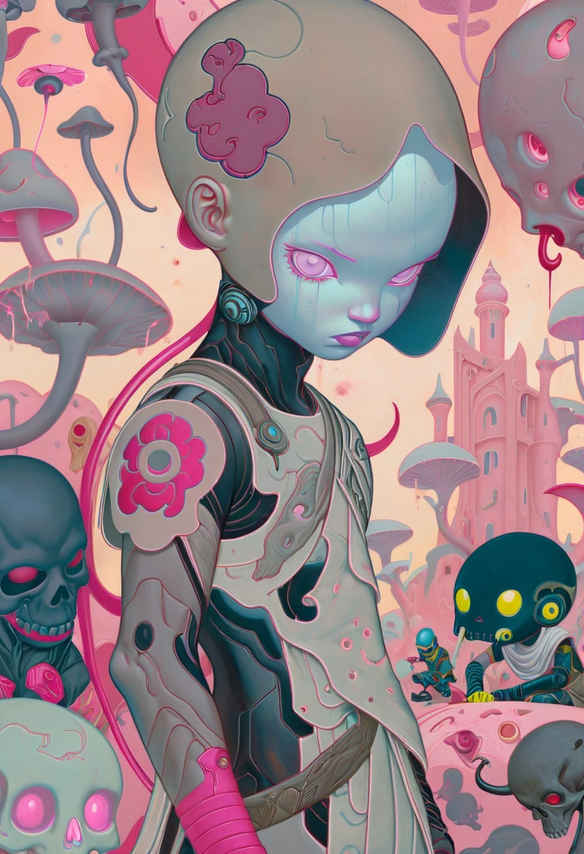 JamesJean; Illustration, Painting; horror-themed surrealist art James Jean's captivating painting showcases a Kawaii Cyberpunk archeologist in a futuristic superhero outfit adorned with United Arab Emirates accents. The archeologist is set against the backdrop of a moonlit cityscape under a single color sky. The depth of field at 270mm adds a dramatic effect to the scene. Intricate detailing highlights the trendy hairstyle of the archeologist and his accessories. The overall composition exudes an air of mystery and sadness. A truly mesmerizing piece of art! . dreamlike, mysterious, provocative, symbolic, intricate, detailed . eerie, unsettling, dark, spooky, suspenseful, grim, highly detailed