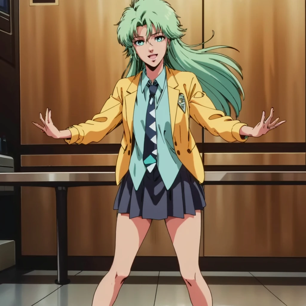 <lora:MZ2TokimatsuriEve001:0.7>,looking at viewer,smile,open mouth,
solo,
MZ2TokimatsuriEve,1girl,green hair,long hair,aqua eyes,1990s (style),
jacket,shirt,necktie,
skirt,
full body,standing,