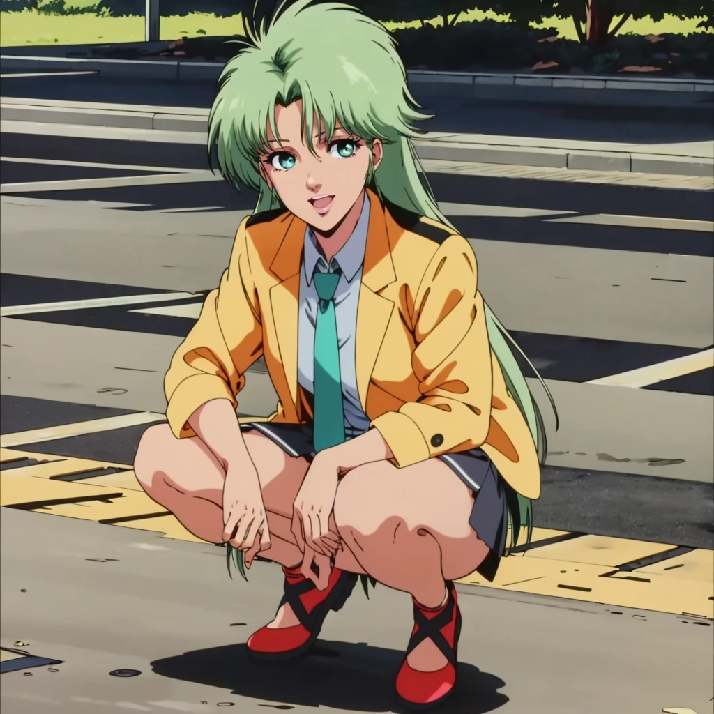 <lora:MZ2TokimatsuriEve001:0.7>,looking at viewer,smile,open mouth,
solo,
MZ2TokimatsuriEve,1girl,green hair,long hair,aqua eyes,1990s (style),
jacket,shirt,necktie,
skirt,
full body,squatting,