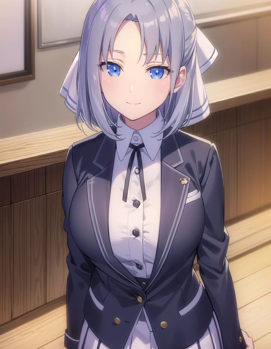 skyumi, <lora:sk yumi s1-lora-nochekaiser:1>,
yumi, short hair, blue eyes, grey hair, hair bow, (parted bangs:1.5),
BREAK shirt, long sleeves, ribbon, school uniform, jacket, white shirt, black ribbon, neck ribbon, buttons, grey jacket,
BREAK indoors, classroom,
BREAK looking at viewer, (cowboy shot:1.5), smile,
BREAK <lyco:GoodHands-beta2:1>, (masterpiece:1.2), best quality, high resolution, unity 8k wallpaper, (illustration:0.8), (beautiful detailed eyes:1.6), extremely detailed face, perfect lighting, extremely detailed CG, (perfect hands, perfect anatomy),