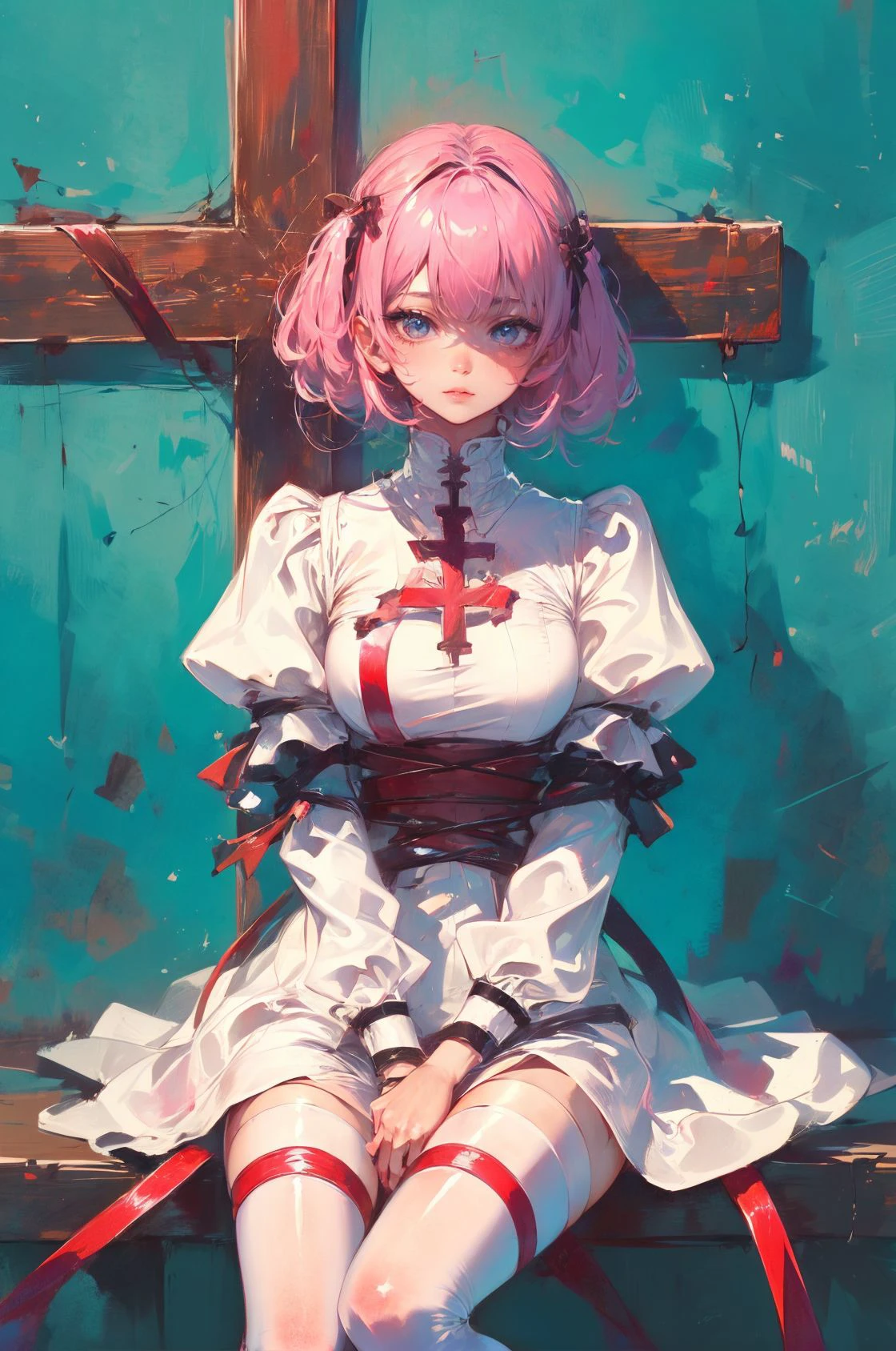 xuer the cross,1girl,solo,sitting,blue background,cross,long hair,simple background,bangs,long sleeves,pink hair,breasts,puffy sleeves,latin cross,
<lora:~Q?-SA[Wg xuer the cross:0.8>,