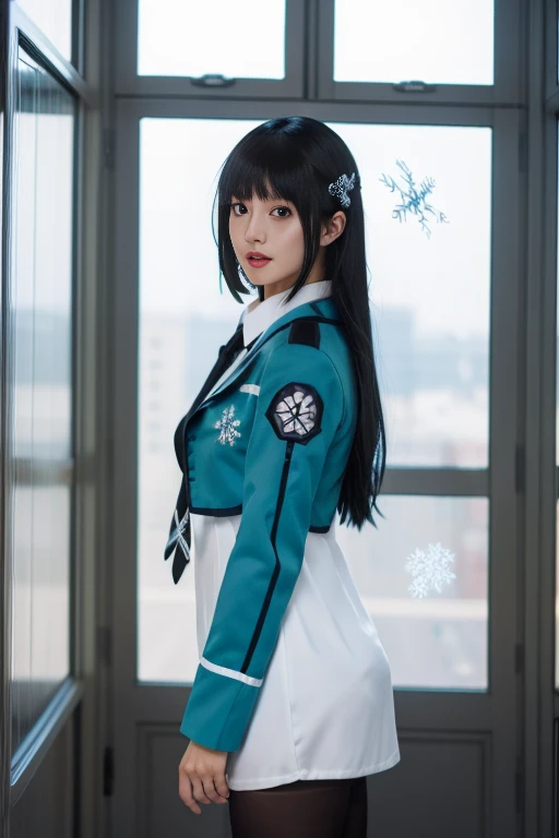 ltra-detailed,highly detailed,best quality,masterpiece,illustration,realistic,photorealistic,
shiba miyuki, 1girl, solo, long hair, school uniform, black hair, pantyhose, snowflakes, dress, lips, hime cut, see-through, bangs, standing, blunt bangs, snowflake print, realistic, black pantyhose, from side, white dress, long sleeves, window, wings, parted lips, black eyes, jacket, blue eyes, necktie,
<lora:shiba miyuki_v1_07:0.7>