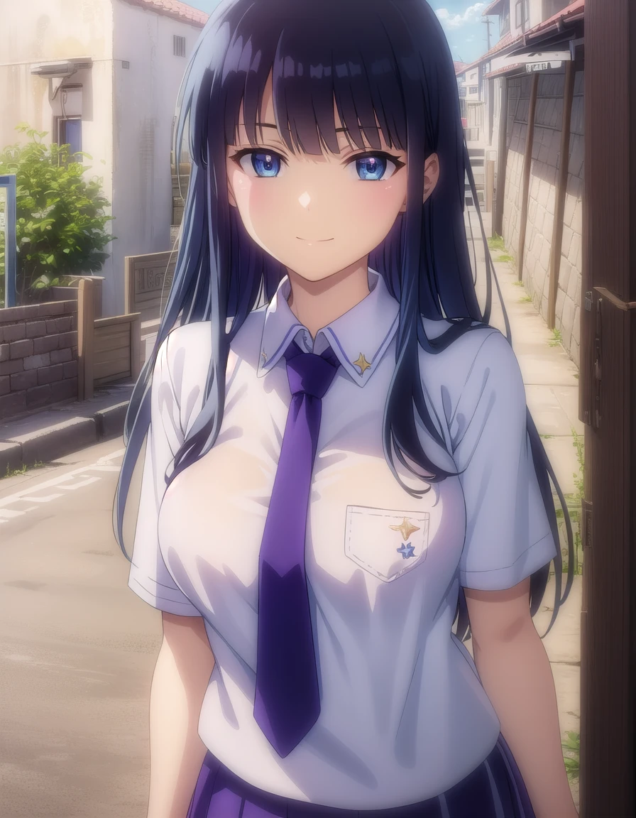 skikaruga, <lora:sk ikaruga s1-lora-nochekaiser:1>,
ikaruga, long hair, blue eyes, black hair, bangs, blunt bangs,
BREAK skirt, shirt, school uniform, pleated skirt, necktie, purple skirt,
BREAK outdoors, classroom,
BREAK looking at viewer, (cowboy shot:1.5), smile,
BREAK <lyco:GoodHands-beta2:1>, (masterpiece:1.2), best quality, high resolution, unity 8k wallpaper, (illustration:0.8), (beautiful detailed eyes:1.6), extremely detailed face, perfect lighting, extremely detailed CG, (perfect hands, perfect anatomy),