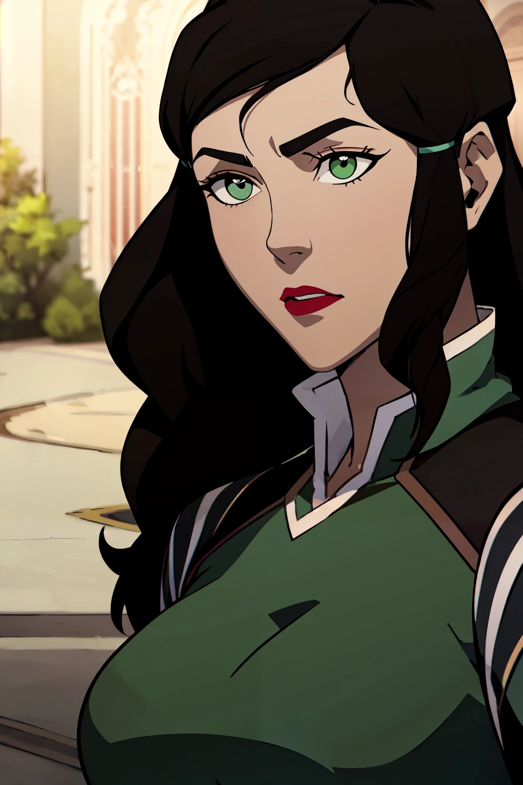 ((masterpiece,best quality)), absurdres, <lora:The_Legend_of_Korra:0.8>, the legend of korra, masterpiece, best quality, 1girl, solo, lipstick, makeup, black hair, long hair, wavy hair, green eyes, red lips, looking to the side, outdoors, black jacket, looking away, portrait