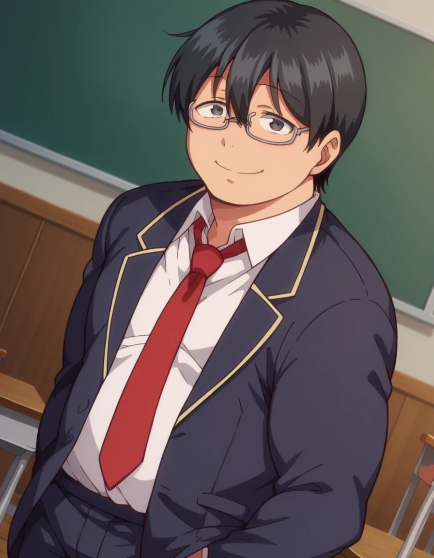 score_9, score_8_up, score_7_up, source_anime,
tazaki, <lora:tazaki-ponyxl-lora-nochekaiser:1>
tazaki, male focus, black hair, black eyes, glasses, hair between eyes, fat, smile,
school uniform, blazer, necktie, shirt, white shirt, collared shirt, pants,
indoors, classroom,
looking at viewer, cowboy shot, dutch angle,