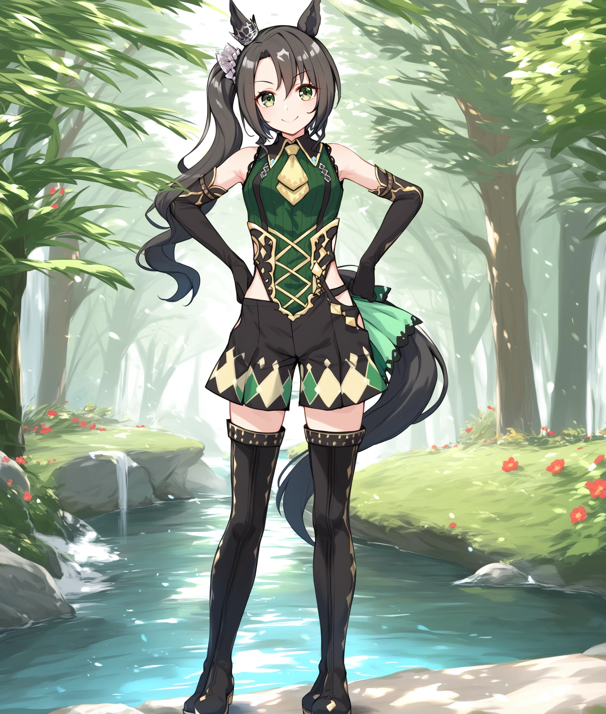 score_9, score_8_up, score_7_up BREAK
shobufuku, 1girl, solo, long hair, looking at viewer, smile, black hair, thighhighs, gloves, animal ears, green eyes, (standing, tail, full body), boots, shorts, sleeveless, black gloves, elbow gloves, (black footwear), side ponytail, thigh boots, black shorts, horse ears, horse girl, horse tail, hands on hips,
five fingers, <lora:satono_crown-ponyXL-000004:1>,