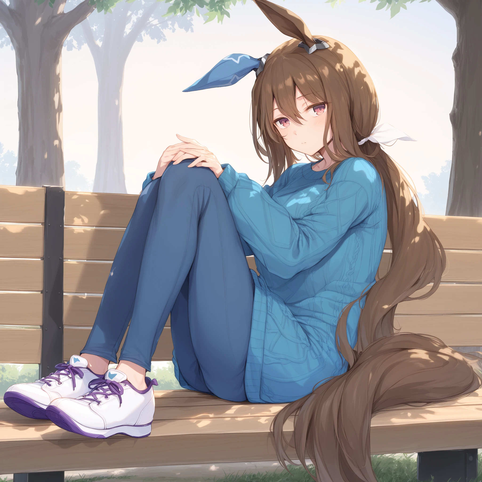 score_9, score_8_up, score_7_up, source_anime BREAK
casual_clothes, 1girl, solo, long hair, looking at viewer, bangs, brown hair, long sleeves, animal ears, hair between eyes, closed mouth, shoes, alternate costume, pants, sweater, white footwear, horse ears, horse girl, sneakers, horse tail, blue sweater, ear covers, <lora:admire_vega_XL-ponyXL_dropout:1>, sitting, on bench,
