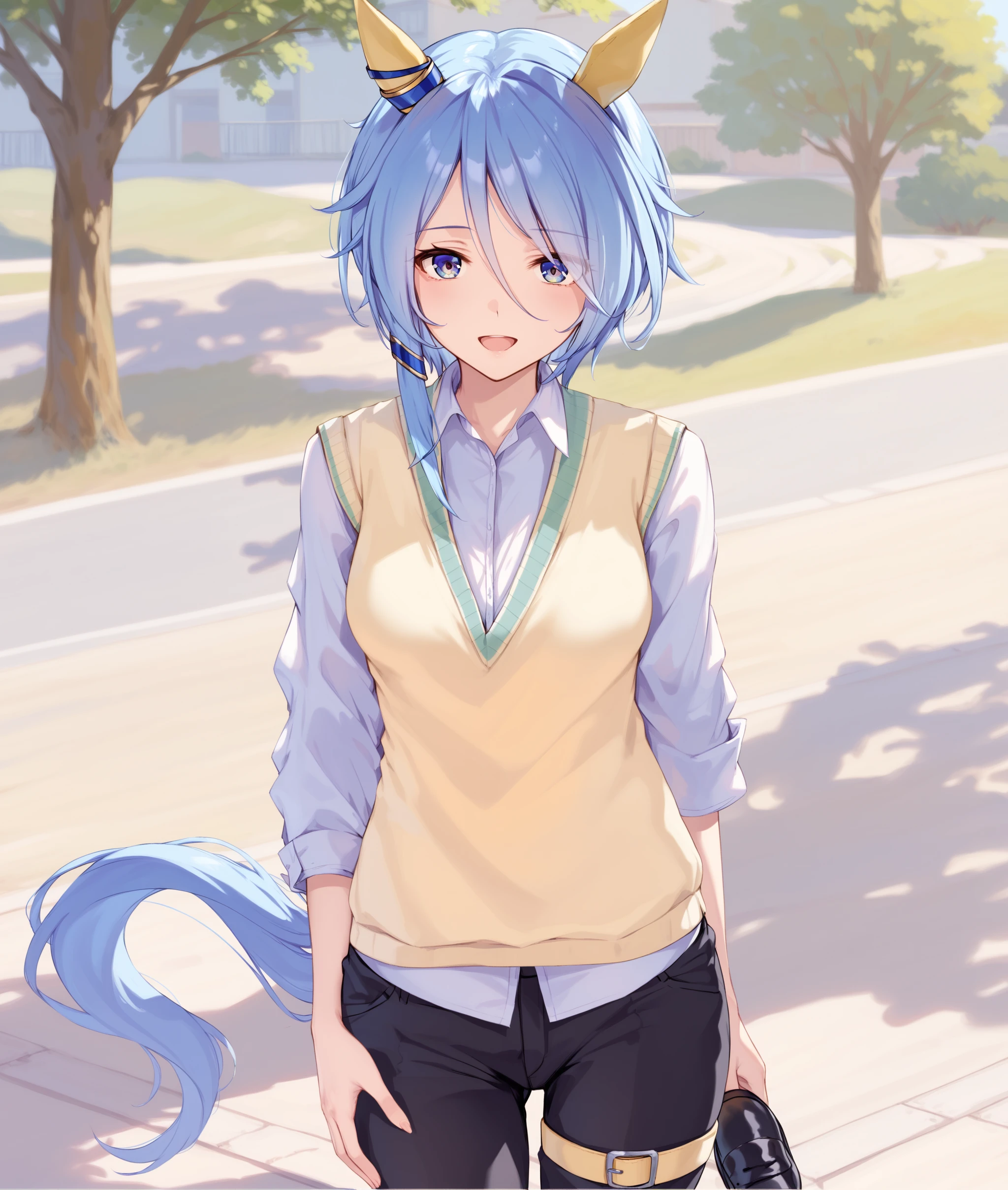 score_9, score_8_up, score_7_up BREAK
To_you, 1girl, solo, breasts, looking at viewer, smile, short hair, open mouth, bangs, blue eyes, shirt, long sleeves, animal ears, blue hair, standing, tail, white shirt, outdoors, alternate costume, collared shirt, pants, black pants, horse ears, horse girl, horse tail, sweater vest, (white shoes), standing,
<lora:K.S.Miracle-ponyXL:1>,